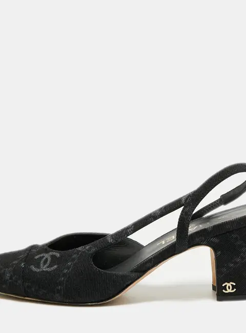 Chanel CC Size 39.5 Black Denim Slingback Block Heel Pumps