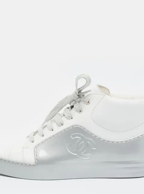 Chanel CC Size 37.5 White/Silver Leather and Rubber High Top Sneakers