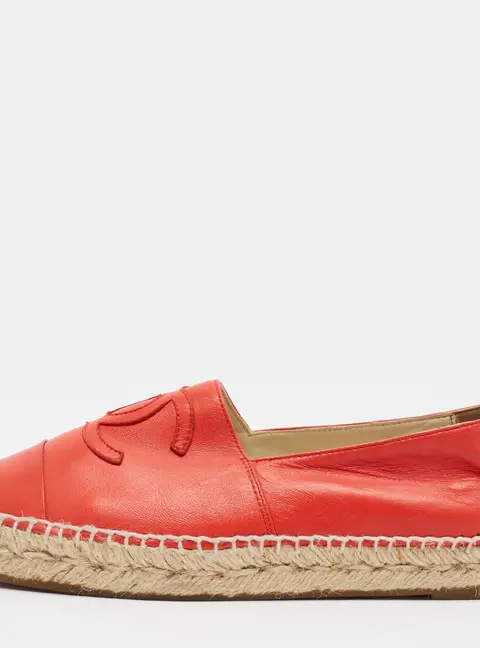 Chanel CC Size 37 Red Leather Cap Toe Espadrille Flats