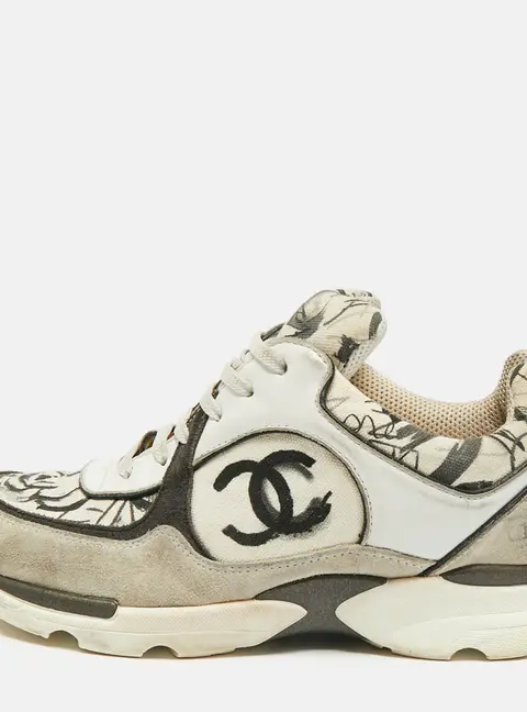 Chanel CC Size 37 Tricolor Canvas and Suede Graphic Lace Up Sneakers