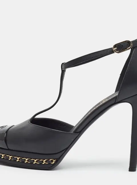 Chanel CC Size 38.5 Black Leather and Patent Chain Details Platform T-Strap Pumps