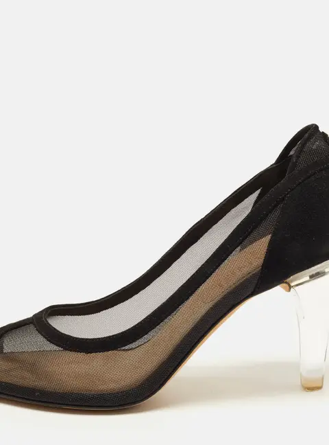 Chanel CC Size 36 Black Mesh and Suede Peep Toe Pumps