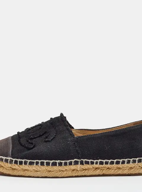 Chanel CC Size 38 Black Canvas Cap Toe Espadrille Flats