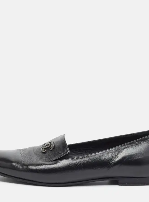 Chanel CC Size 37.5 Black Leather Smoking Slippers
