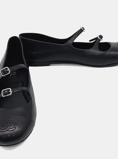 Chanel Black CC Cap Toe Buckle Flat Shoes