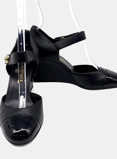 Chanel Mary Jane Wedge Black Leather Shoes EU 37
