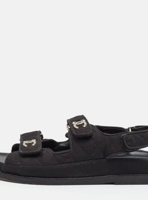 Chanel Dad Size 37 Black Denim Slingback Flat Sandals