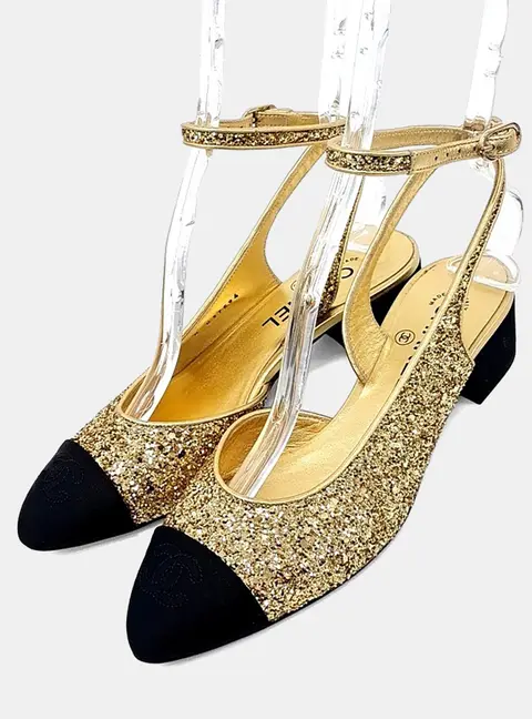 Chanel Black/Gold Leather Glitter Slingback EU 36.5