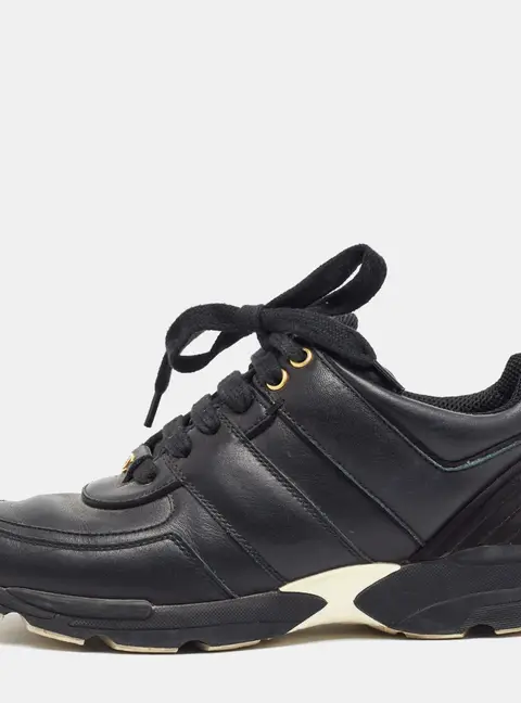 Chanel CC Size 37 Black Leather Lace Up Sneakers