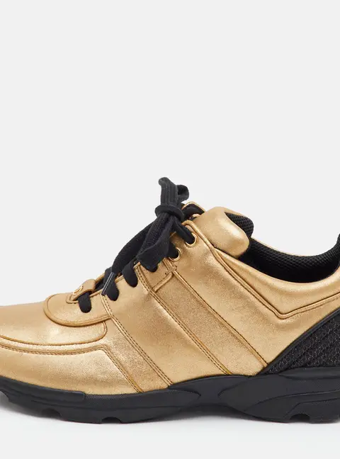 Chanel CC Size 41 Gold/Black Leather and Mesh Low Top Sneakers