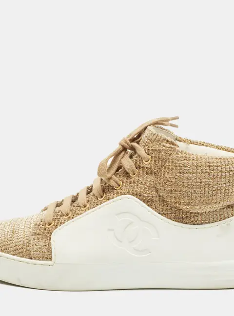 Chanel Size 37.5 Gold/White Rubber and Tweed High Top Sneakers