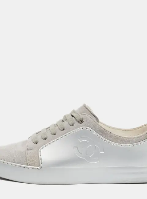 Chanel CC Size 38.5 Grey/Silver Leather and Rubber Lace Up Sneakers