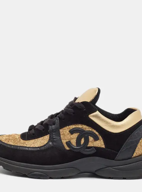 Chanel CC Size 40 Black/Gold Lurex Fabric and Suede Lace Up Sneakers