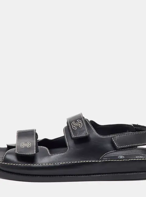 Chanel Dad Size 41.5 Black Leather CC Contrast Stitching Ankle Strap Sandals
