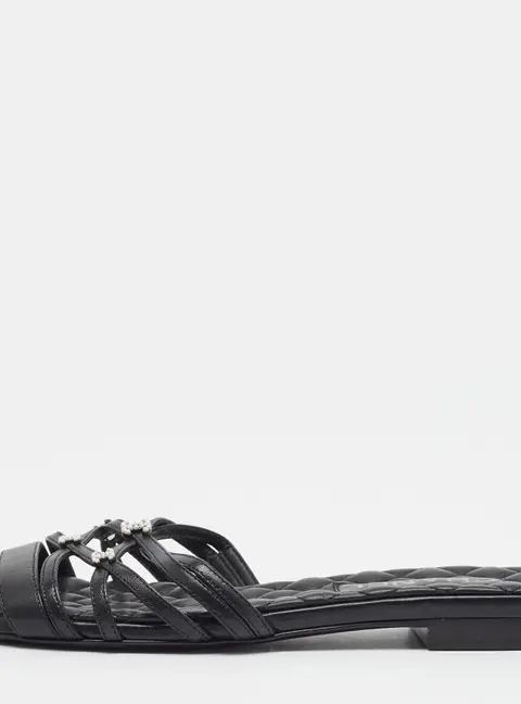 Chanel CC Pearl Size 37 Black Leather Strappy Flat Slide