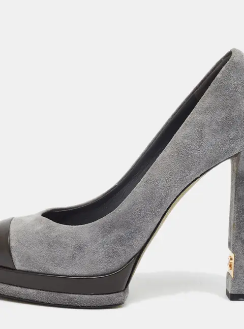 Chanel CC Size 40 Slate Grey/Dark Brown Suede and Leather Cap Toe Platform Pumps