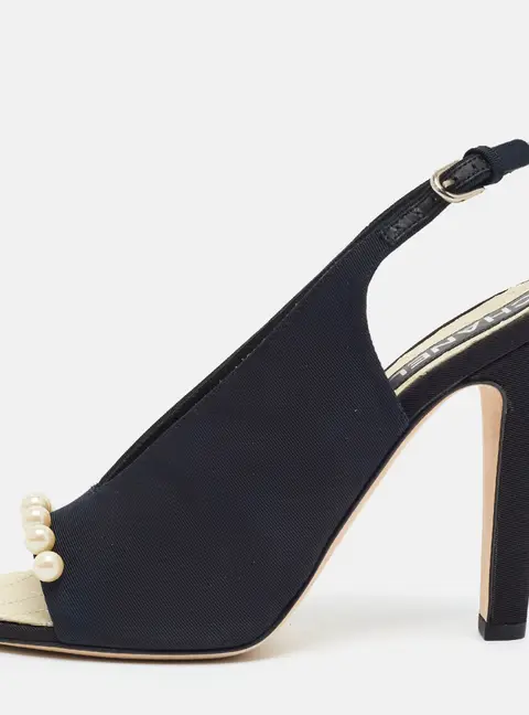 Chanel Size 41 Black Canvas Pearl Embellished Peep Toe Slingback Pumps