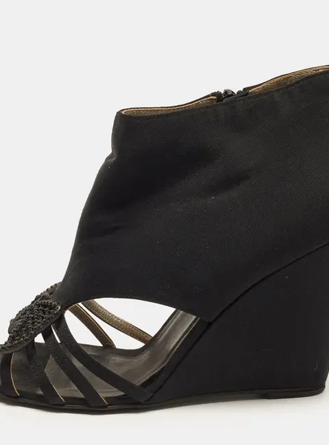 Chanel Size 38.5 Black Canvas Open Toe Wedge Sandals