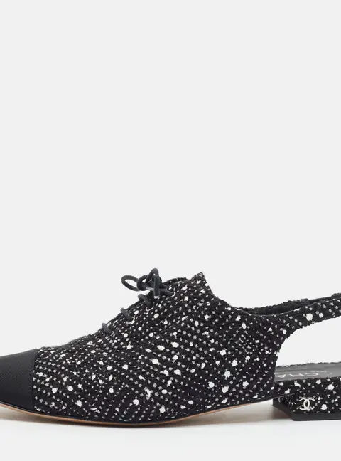 Chanel CC Size 39.5 Black/White Canvas and Tweed Slingback Flats