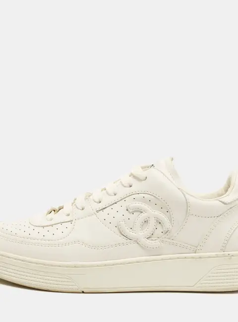Chanel CC Size 36.5 White Leather Lace Up Sneakers