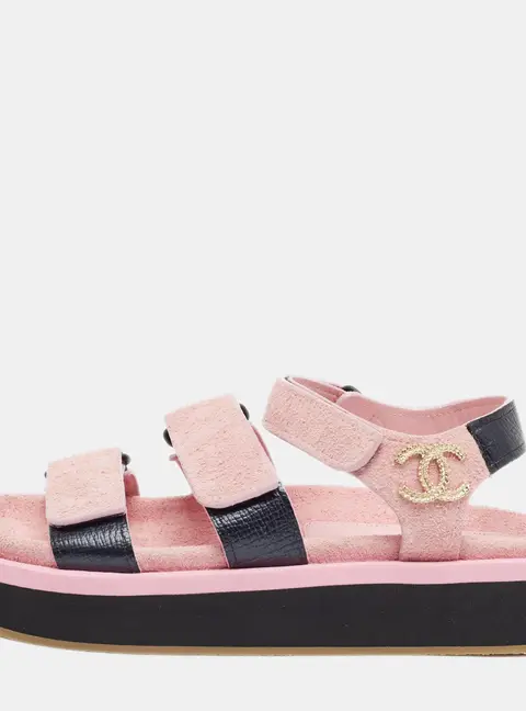 Chanel Dad Size 37 Pink/Black Leather and Suede Slingback Sandals