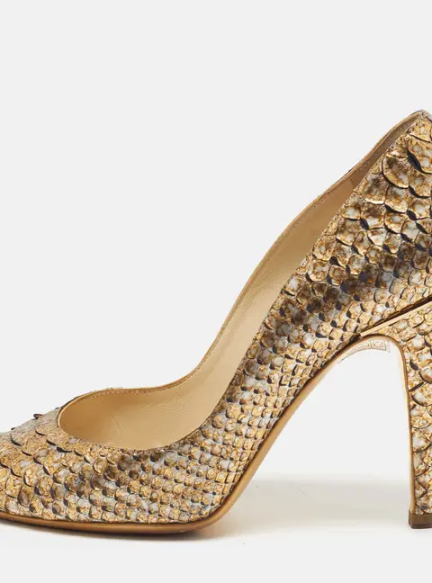 Chanel CC Size 37.5 Metallic Gold Python Leather Peep Toe Pumps