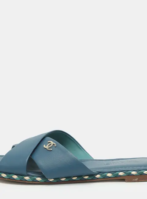 Chanel Size 40 Blue Leather Braided Trim Criss Cross CC Flat Slide Sandals