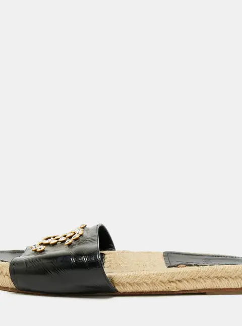 Chanel CC Size 39 Black Leather Crystal Embellished Espadrille Flat Slide