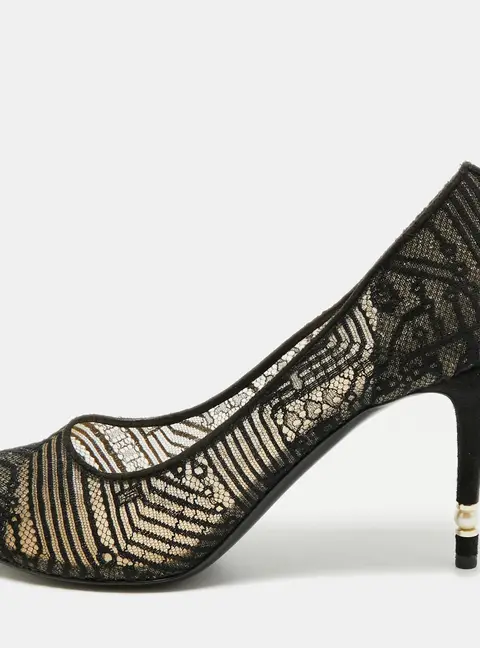 Chanel Size 41 Black Lace and Mesh Round Toe Pumps
