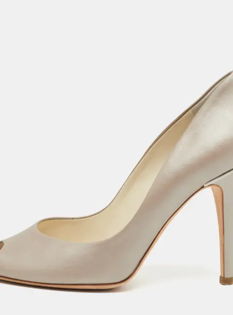 Chanel CC Size 39.5 Grey Leather Peep Toe Pumps