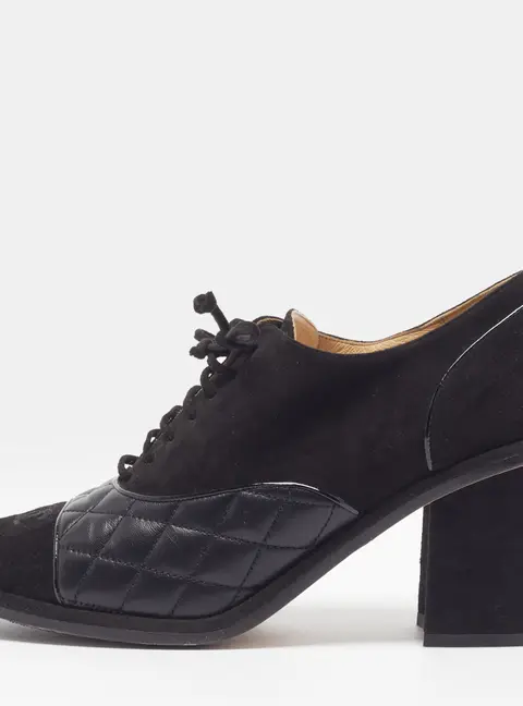 Chanel  Size 39.5 Black Suede and Leather CC Block Heel Oxford Booties