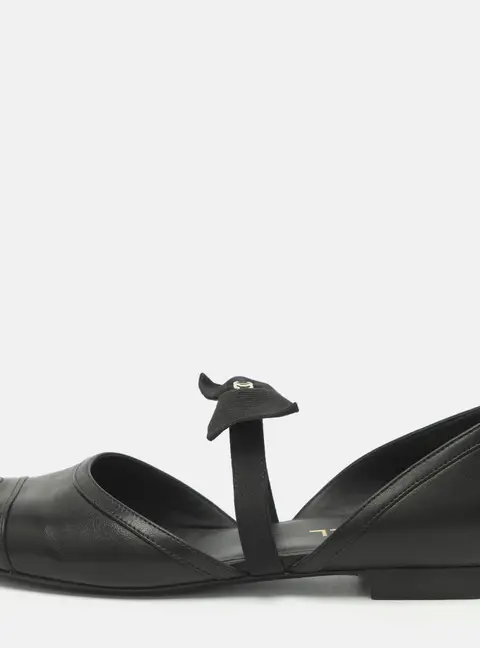 Chanel CC Bow Mary Jane Size 38.5 Black Leather Ballet Flats