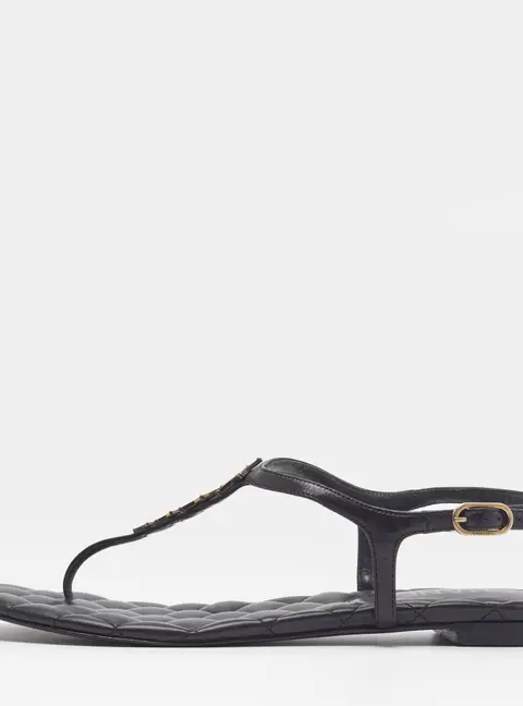 Chanel CC Size 39.5 Black Leather Ankle Strap Thong Sandals