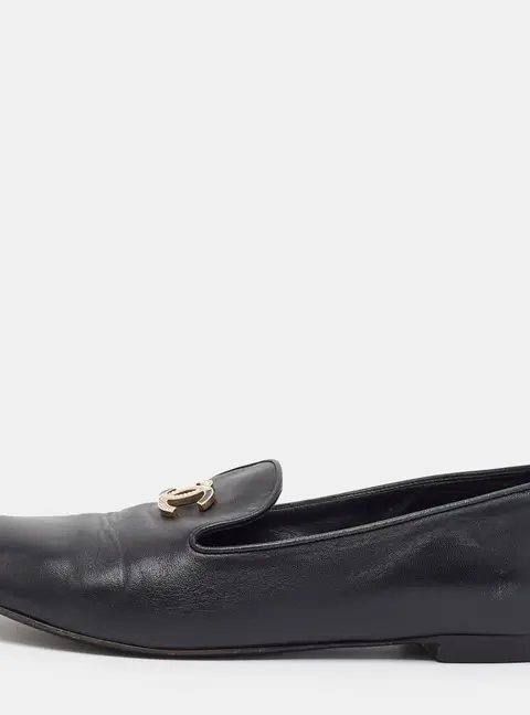 Chanel Interlocking CC Size 39.5 Black Leather Pearl and Crystal Embellished Smoking Slippers