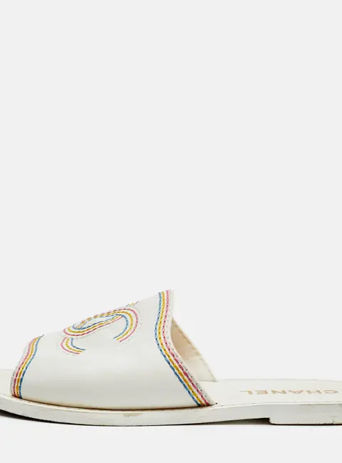 Chanel CC Size 37 White Leather Rainbow Stitching Flat Slide Sandals