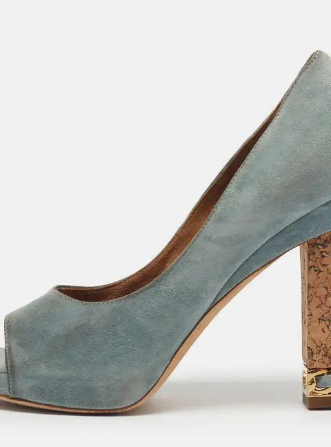 Chanel Size 36 Blue Suede Cork Heel Open Toe Pumps