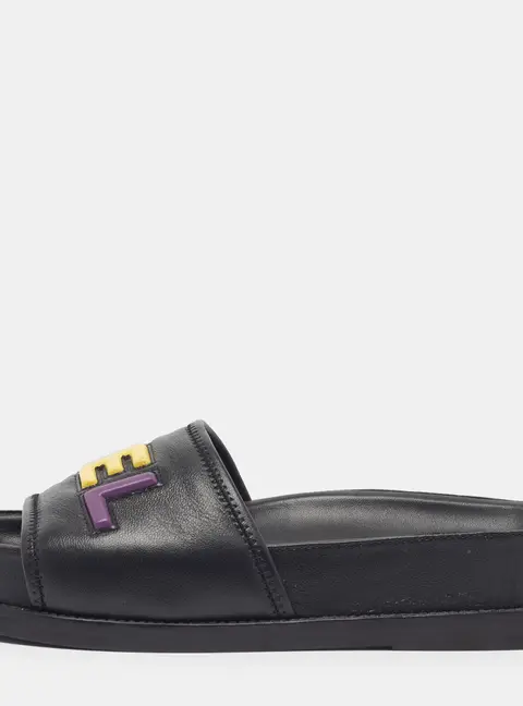 Chanel CC Size 36 Black Leather Rainbow Logo Flat Sandals