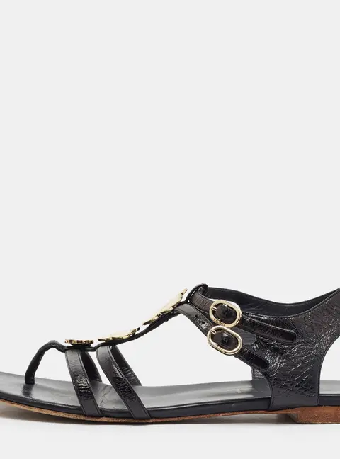 Chanel CC Size 38 Black Leather T Strap Thong Flat Sandals Sandals