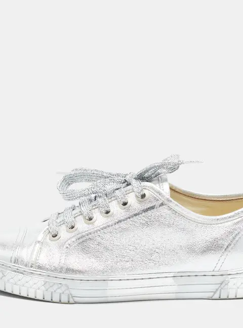 Chanel Size 37.5 Metallic Silver Leather Lace Up Sneakers