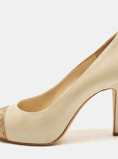 Chanel Size 37 Beige/Gold Glitter and Leather Cap Toe Block Heel Pumps
