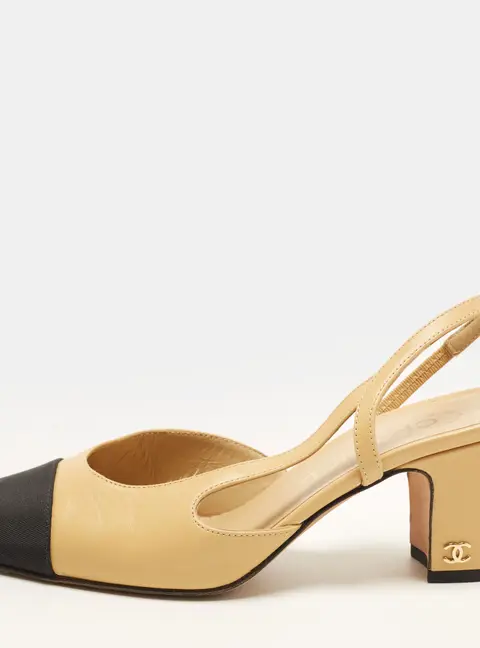 Chanel CC Size 36 Beige/Black Canvas and Leather Block Heel Slingback Pumps