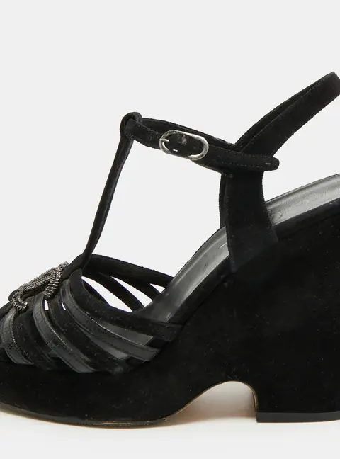 Chanel CC Size 42 Black Suede Wedge Sandals