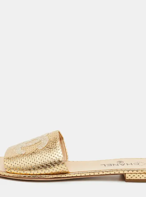 Chanel CC Size 41 Gold Metallic Leather Perforated Flat Slide Sandals