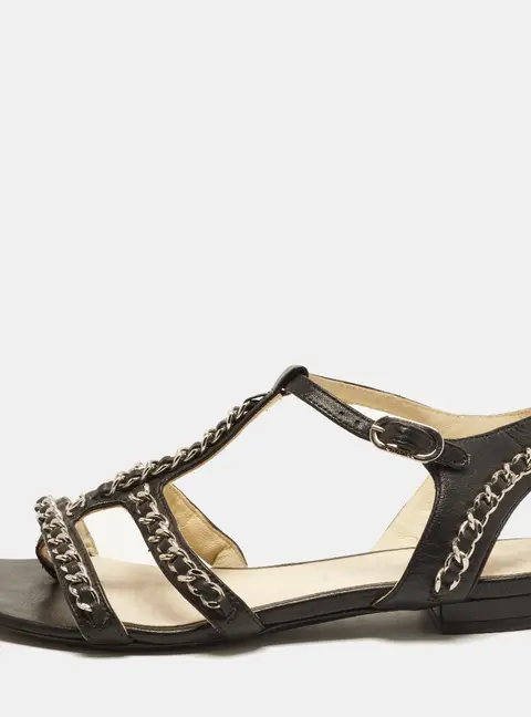 Chanel CC Size 35 Black Leather Chain Link Flat Sandals