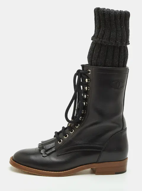 Chanel CC Size 37 Black Leather Sock High Combat Boots