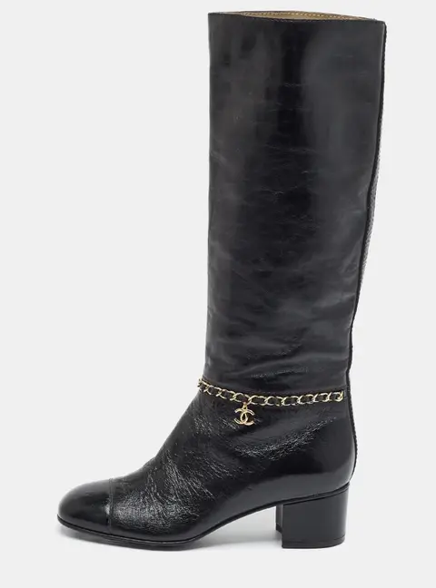 Chanel Size 37.5 Black Leather Knee Length Boots