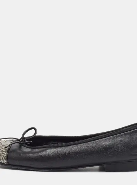 Chanel CC Size 36 Black Leather and Python Embossed Leather Bow Cap Toe Ballet Flats
