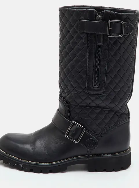 Chanel CC Size 36.5 Black Quilted Leather Mid Calf Boots
