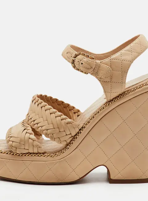 Chanel CC Size 38.5 Beige Woven Leather Platform Wedge Ankle Strap Sandals