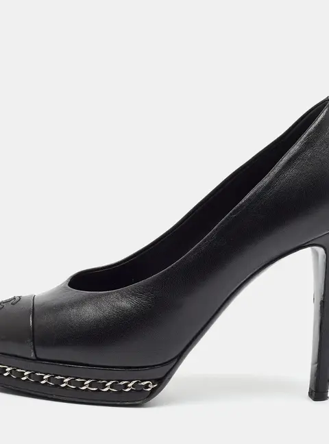 Chanel CC Size 39 Black Leather Chain Detail Cap Teo Platform Pumps